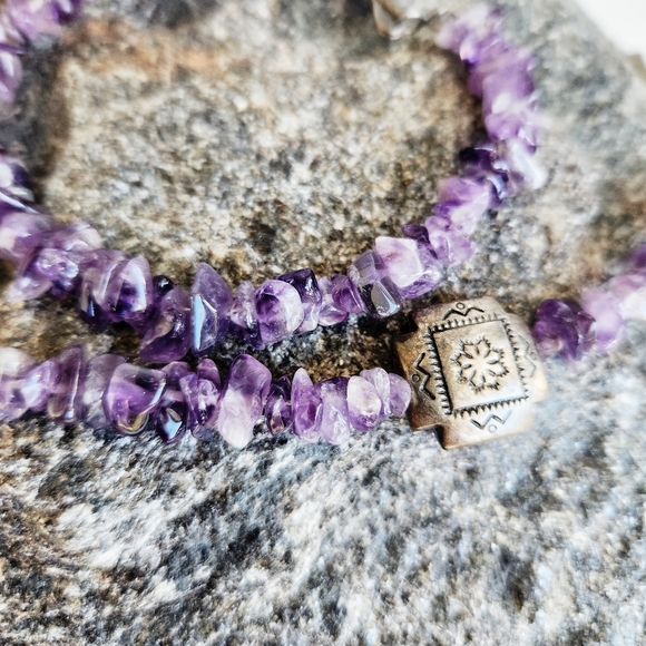 Amethyst Chip Silver Aztec Station Necklace - Picture 7 of 8